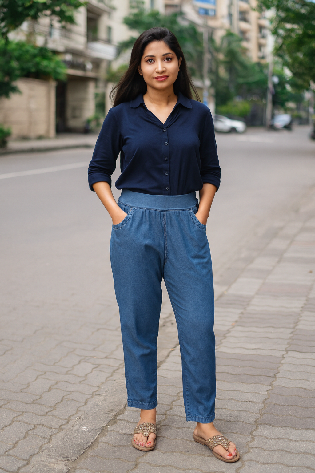 Elastic Waistband Ladies Jeans Pants
