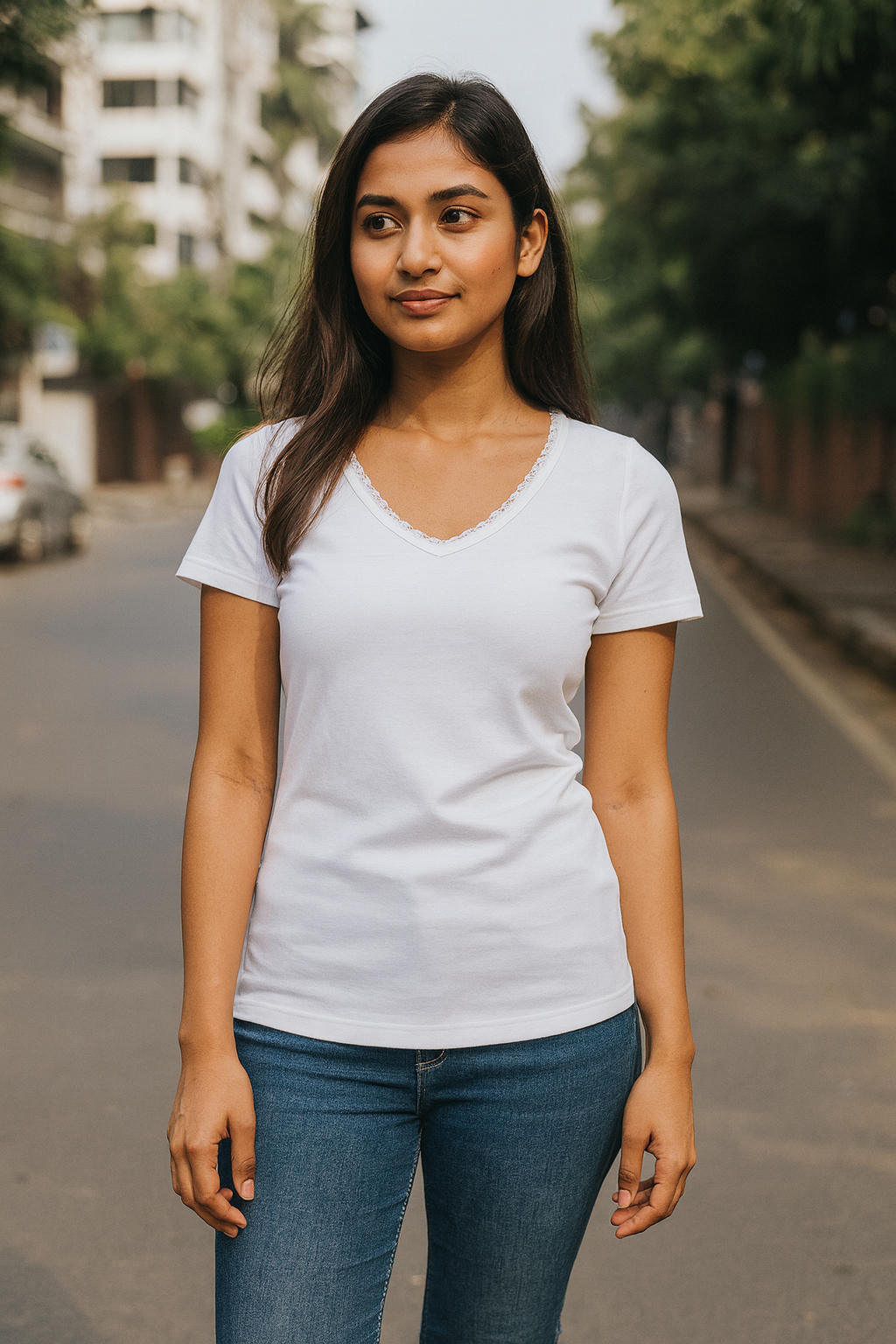 Lace Neck Ladies T-Shirt Short Sleeve