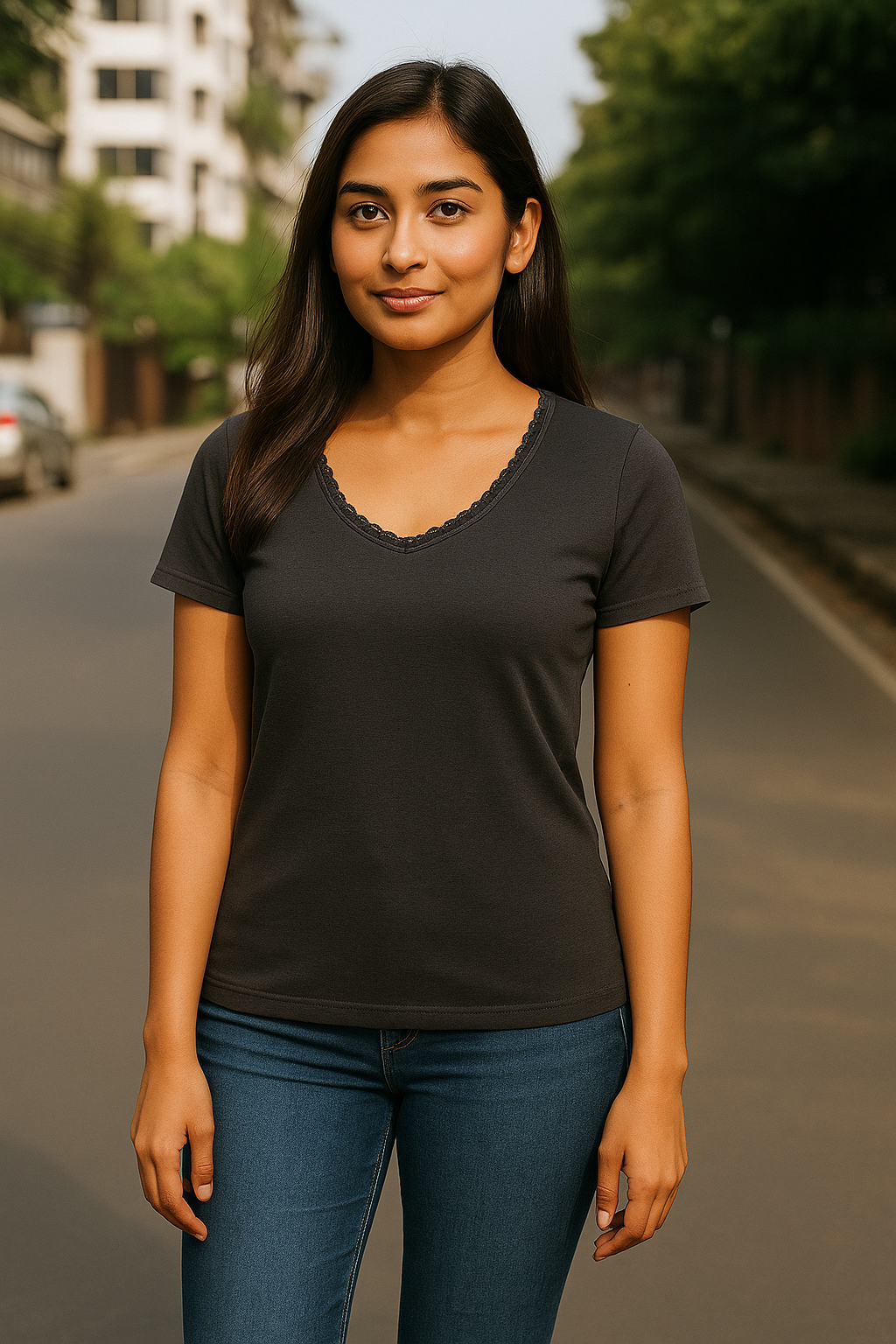 Lace Neck Ladies T-Shirt Short Sleeve