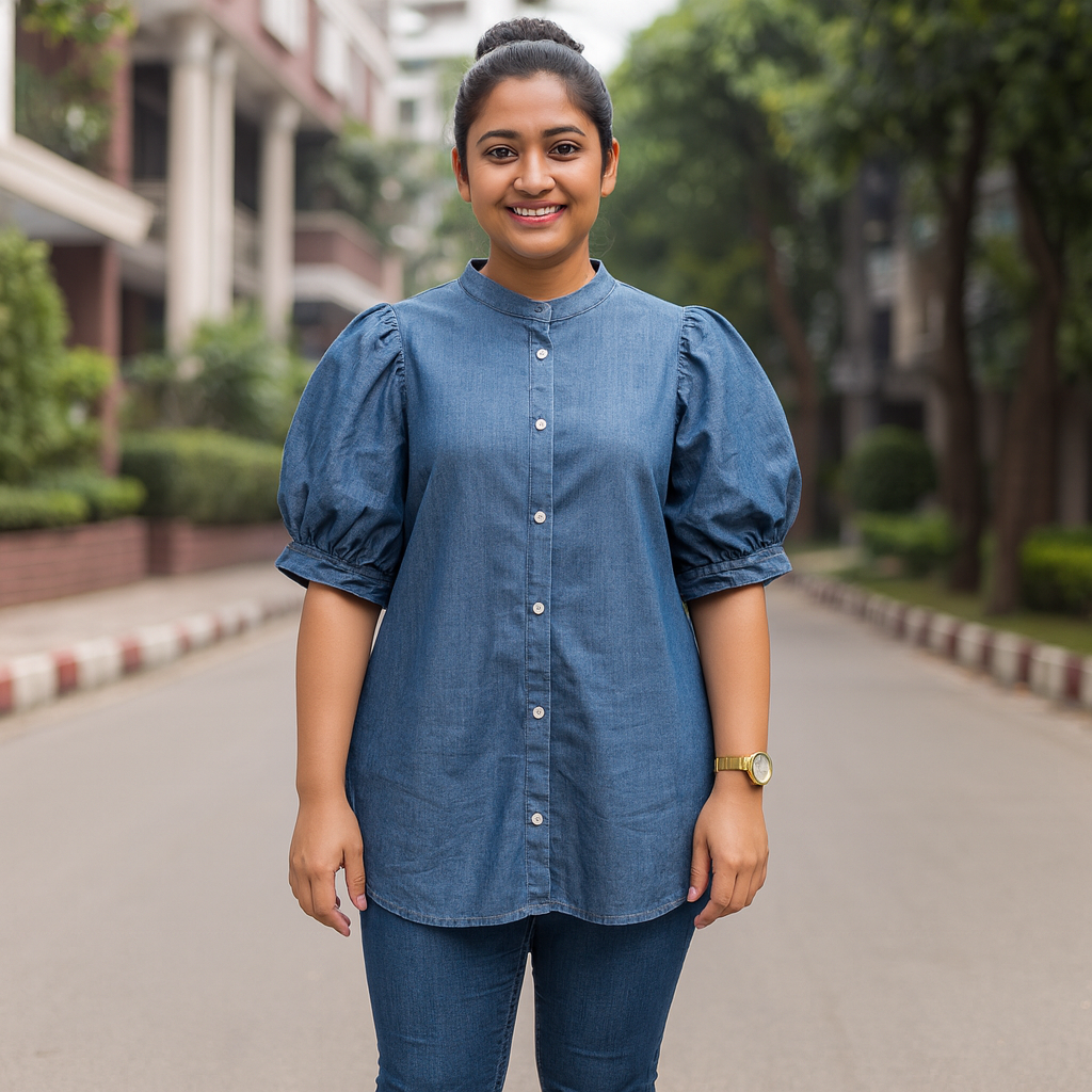Puff Sleeve Ladies Denim Shirt