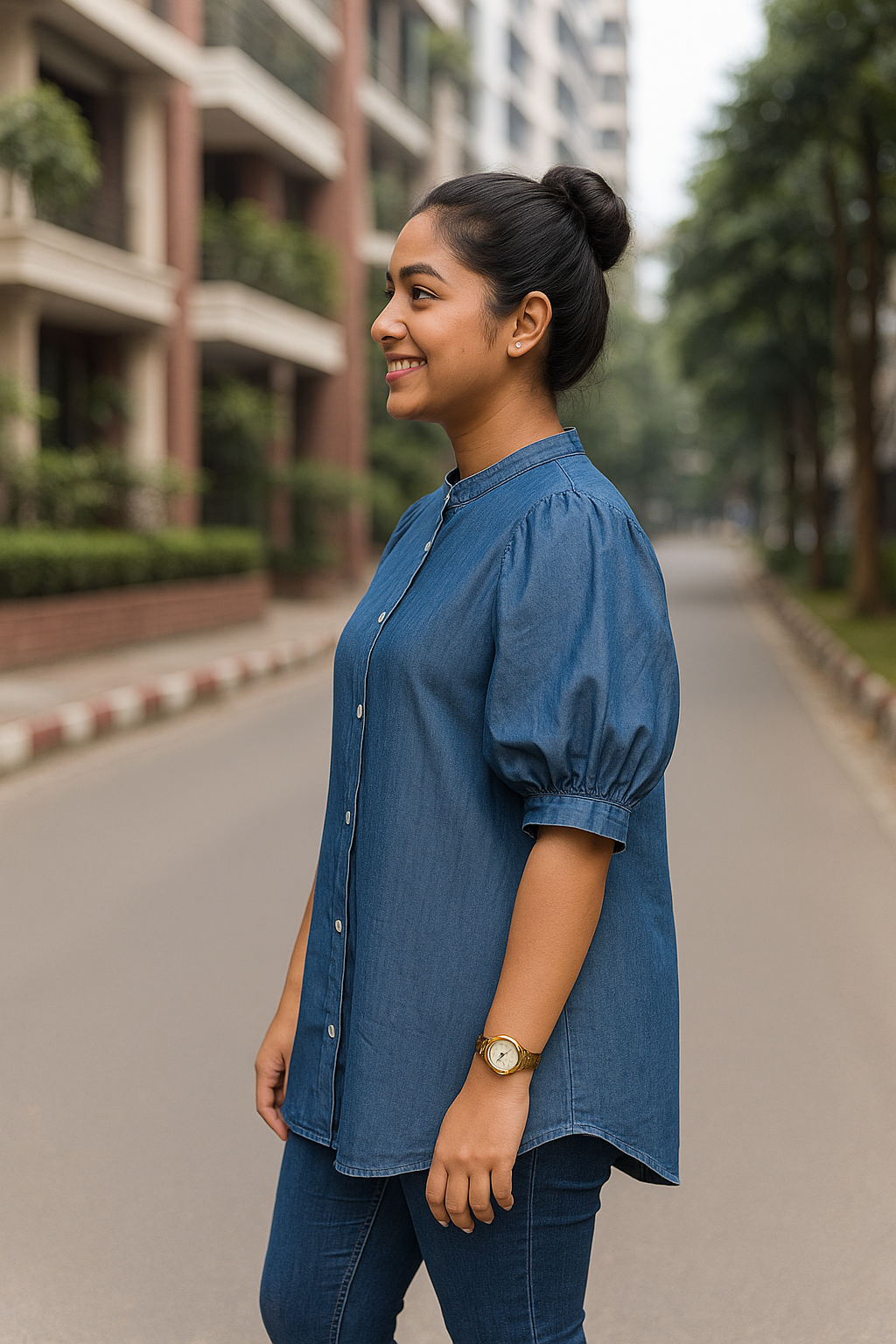 Puff Sleeve Ladies Denim Shirt