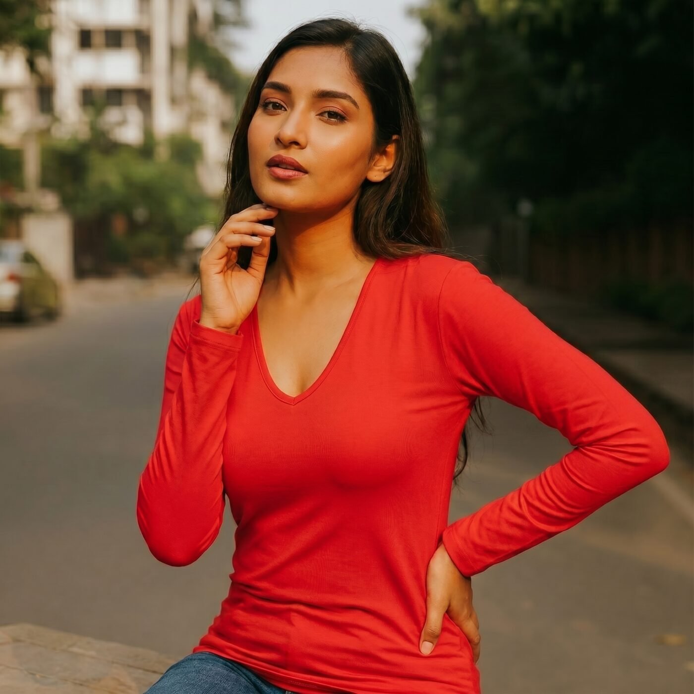 Body Fit Ladies T-Shirt V-Neck Full Sleeve