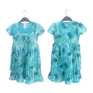 Girls’ Premium Floral Pleated Party Frock I Sea-Blue