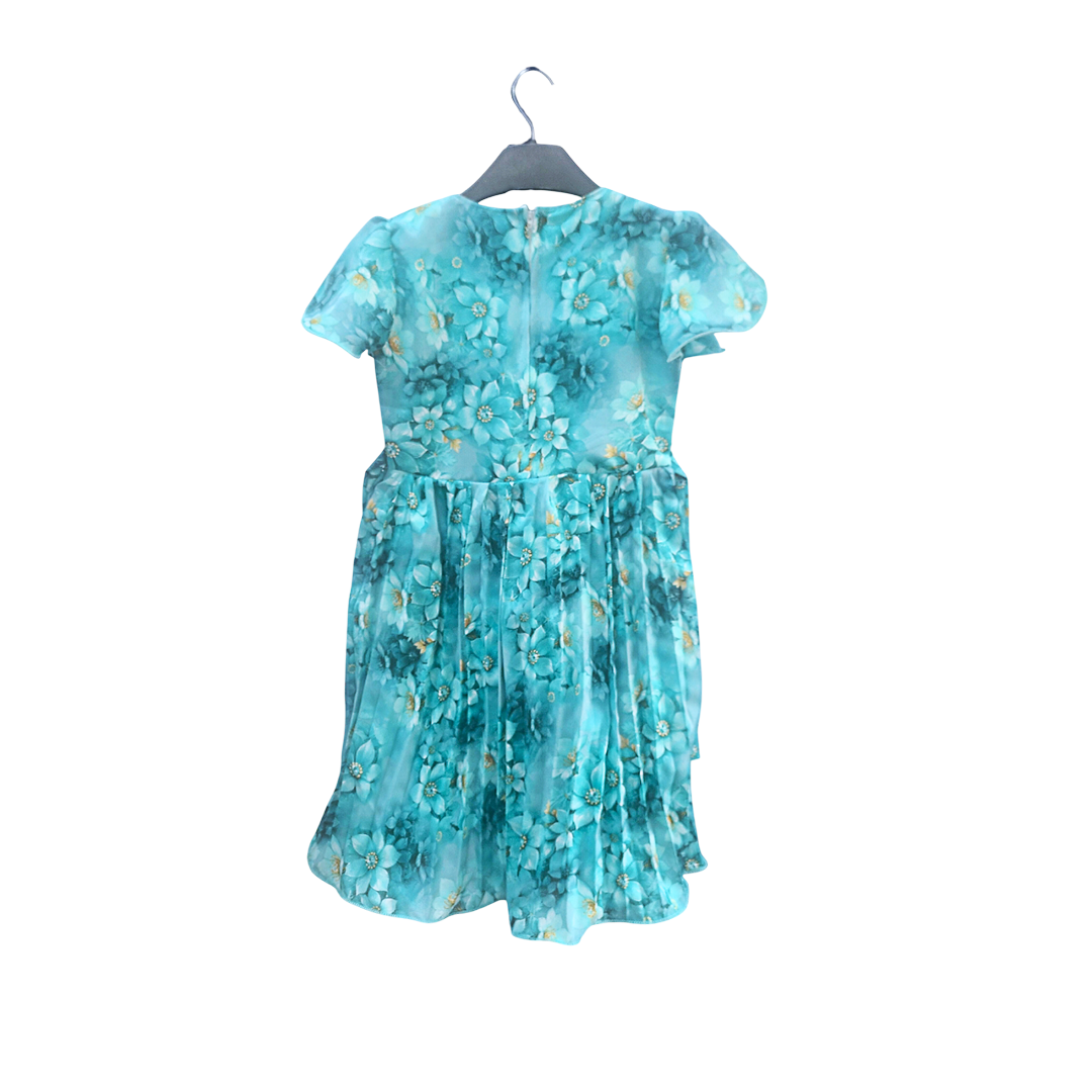 Girls' Premium Floral Pleated Party Frock I Sea-Blue