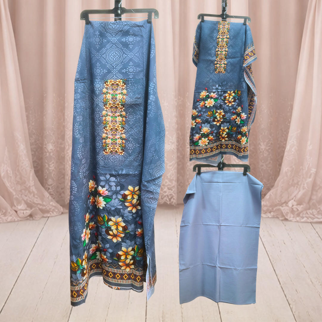 Deep Blue Thread Work All-Over Printed Aari 3-Piece Dress