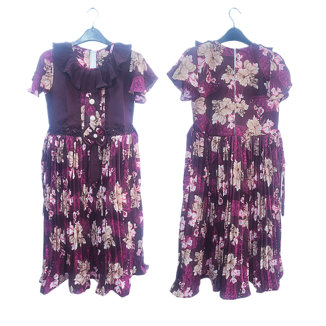Elegance in Bloom – Premium Maroon Floral Pleated Frock