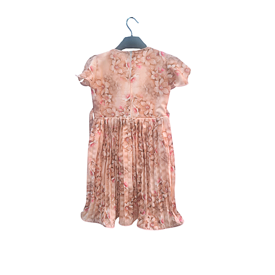 Girls' Premium Floral Pleated Party Frock - Peach-Pink