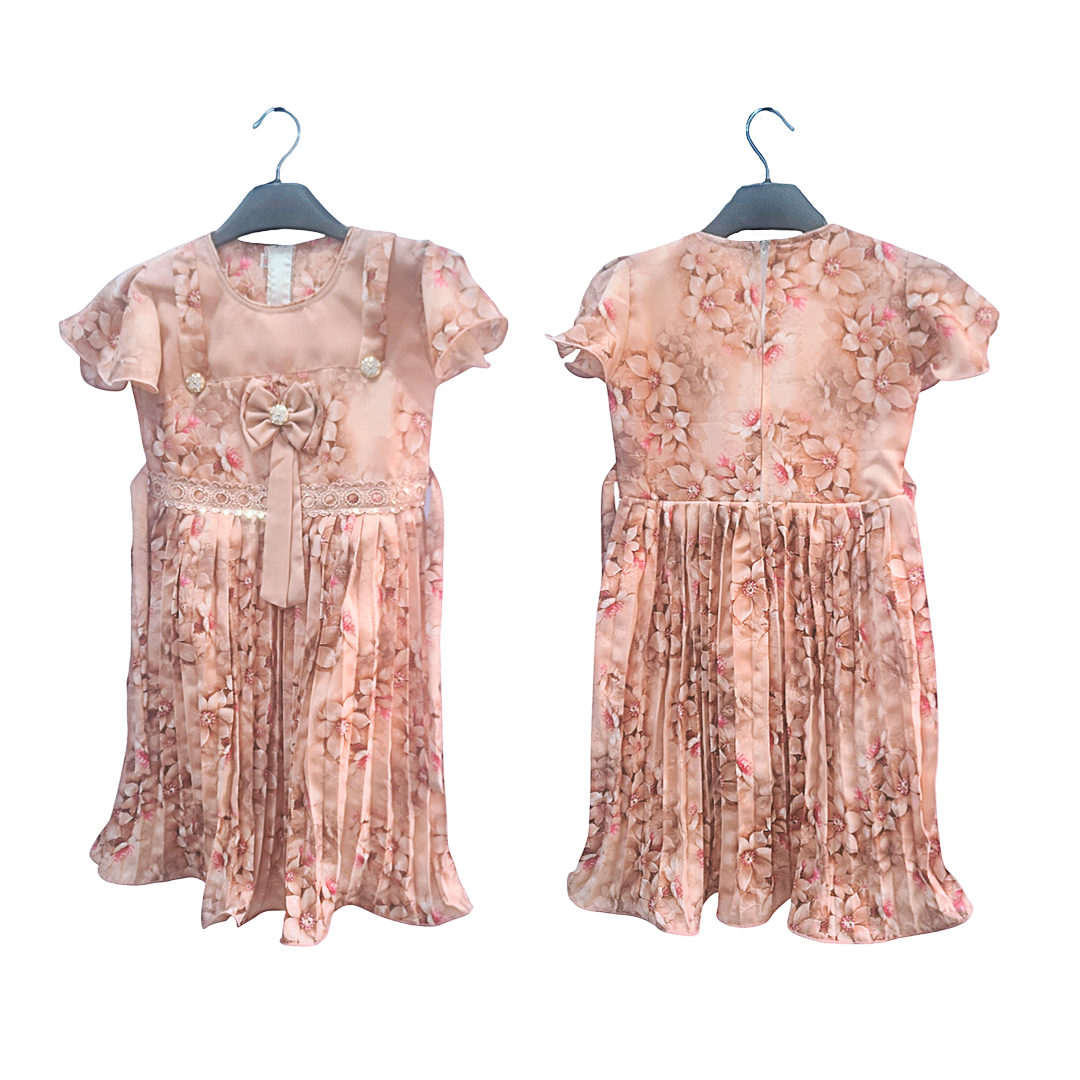 Girls’ Premium Floral Pleated Party Frock – Peach-Pink