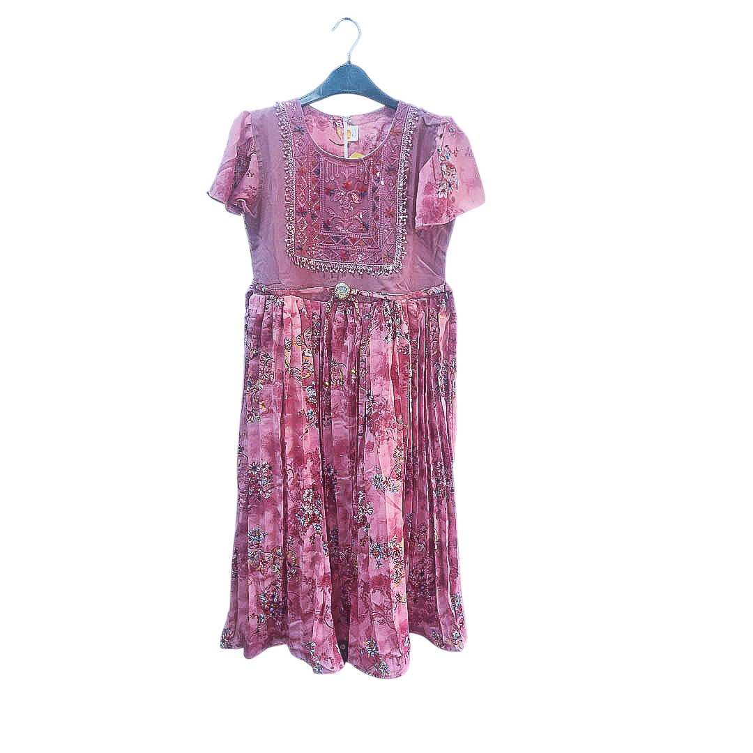 Graceful Charm – Dusty Pink Embroidered Floral Frock