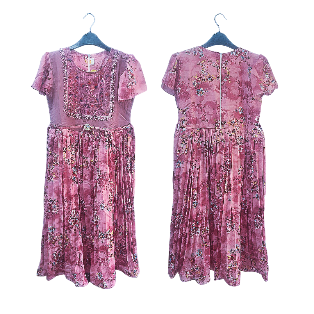 Graceful Charm – Dusty Pink Embroidered Floral Frock