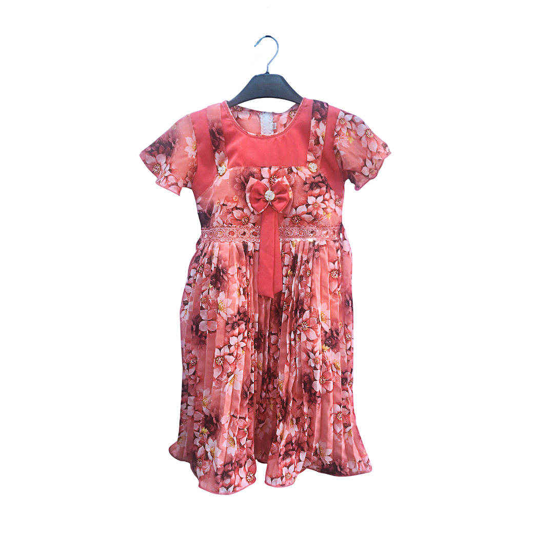 Girls' Premium Floral Pleated Party Frock - Vibrant Red