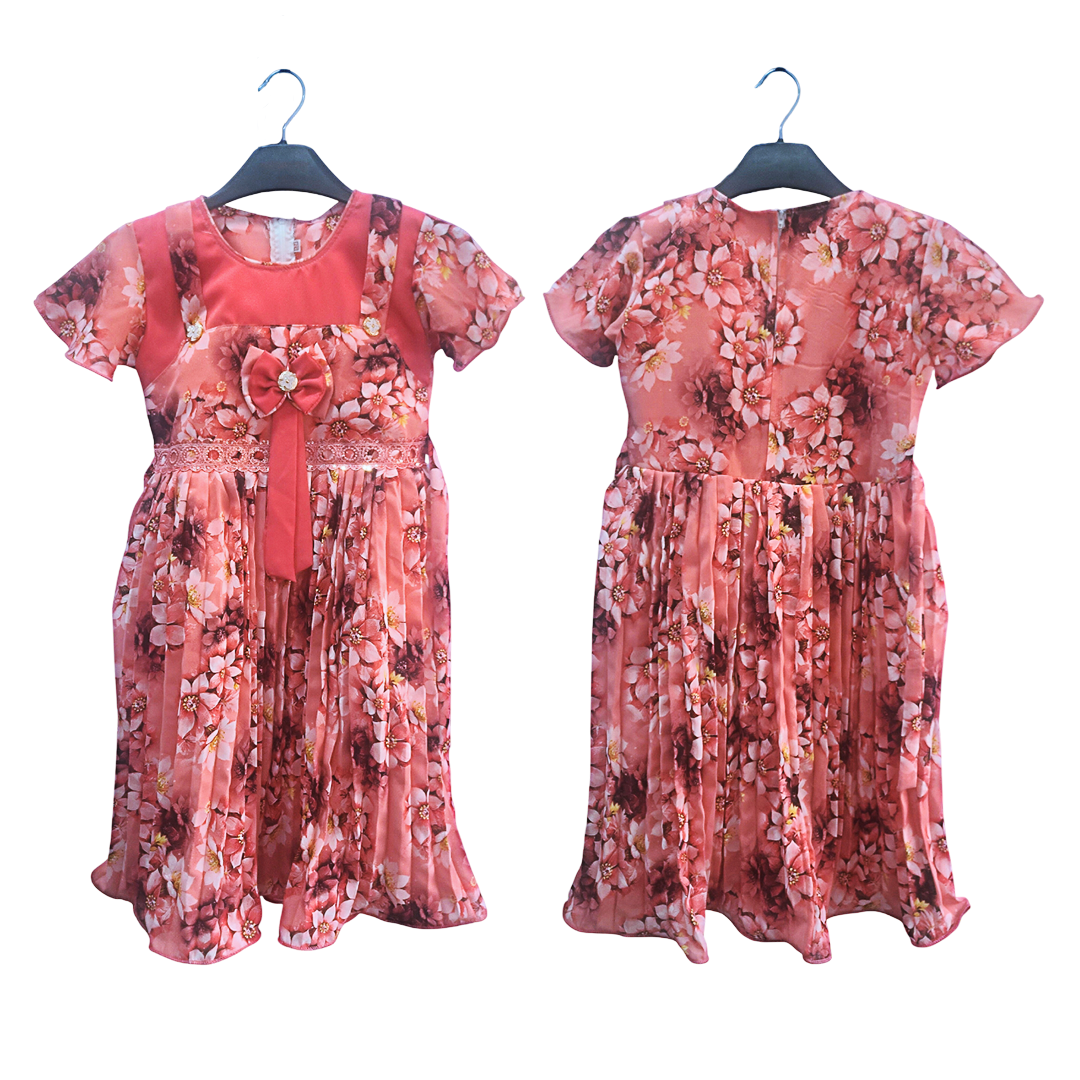 Girls' Premium Floral Pleated Party Frock - Vibrant Red