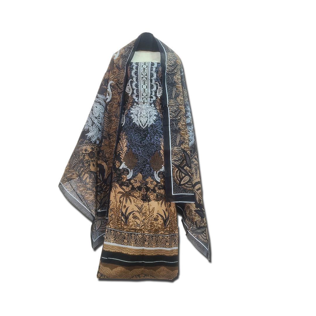 Zam Zam Alomkari Premium 3pcs Dress – Black & Golden Print