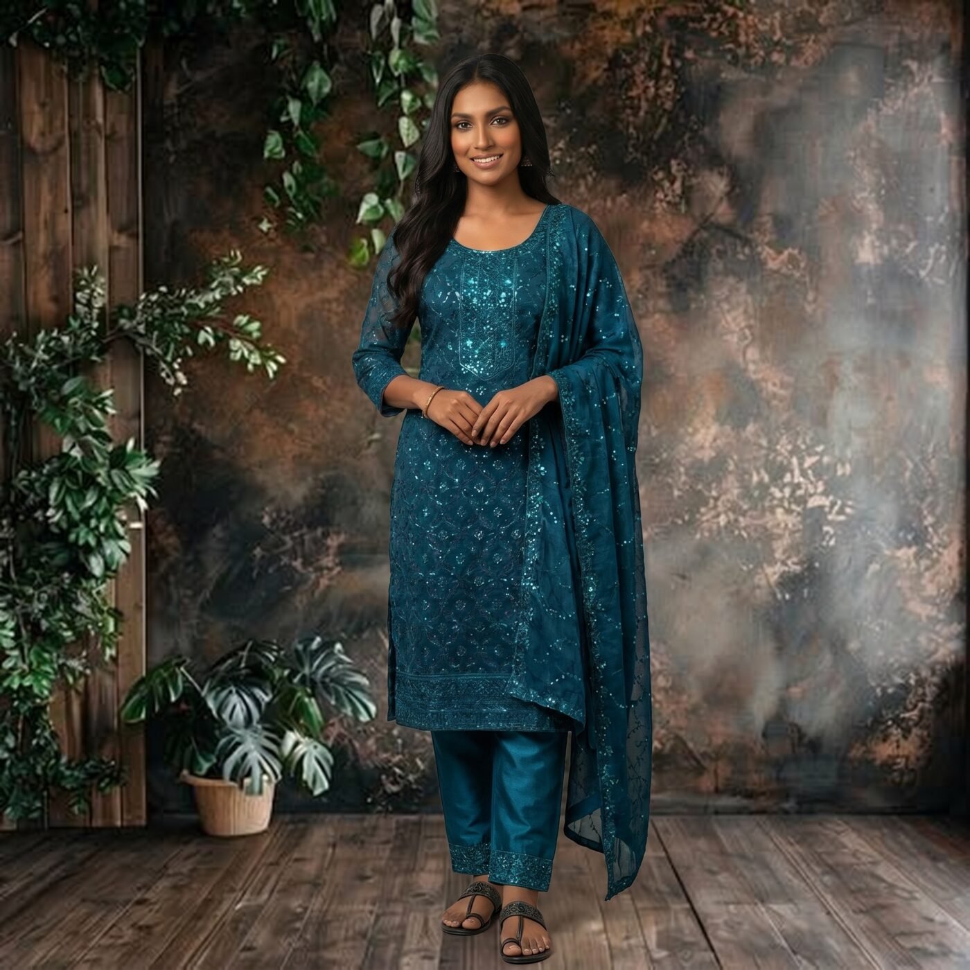 Premium Jimmy Choo (Georgette) Embroidered 3pcs Dress – | Sea Blue