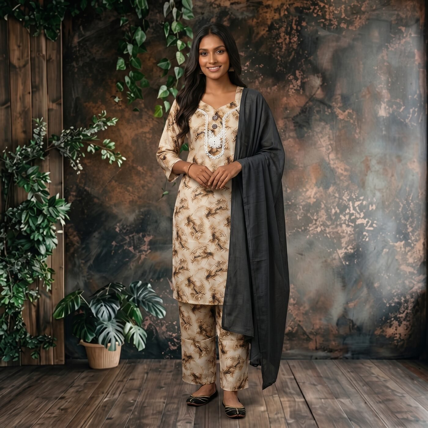 Buy Beige Cream Linen 2Piece/Co-Ord Set with Elegant Lace & Sequin Detailing in Online | Rupkar