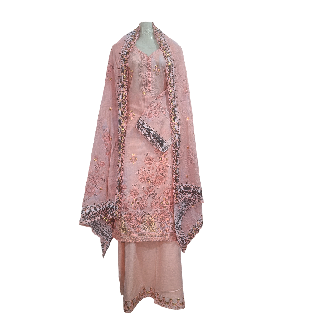 Elegant Light Pink Organdy Three-Piece with Luxury Embroidery & Sequence Work