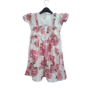 Pink floral print kids party frock made of organza fabric with lace and bow detailing by Rupkar