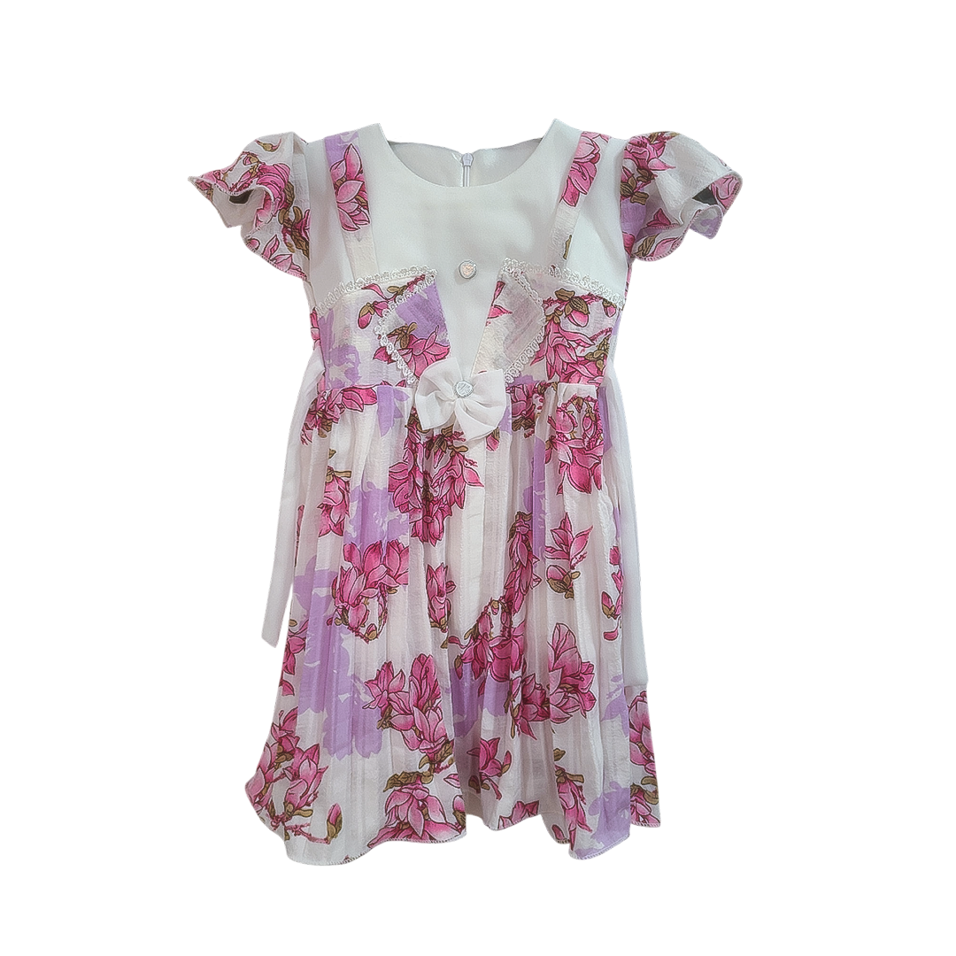 Rupkar pink purple floral organza kids frock party dress with lace bow details