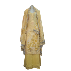 Vibrant Lemon Yellow Organdy Three-Piece with Golden Embroidery & Sequence