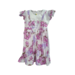 Purple floral print kids party frock made of organza fabric with lace and bow detailing by Rupkar