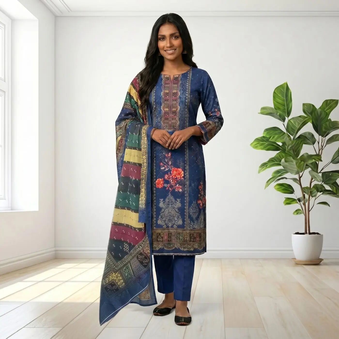 Deep blue Swiss cotton three-piece with floral 3D digital print and sequin embroidery - Rupkar Brand