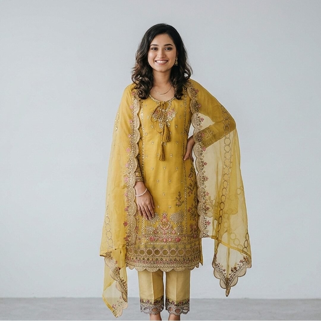 Buy Golden Mustard Georgette Elegance Three Piece