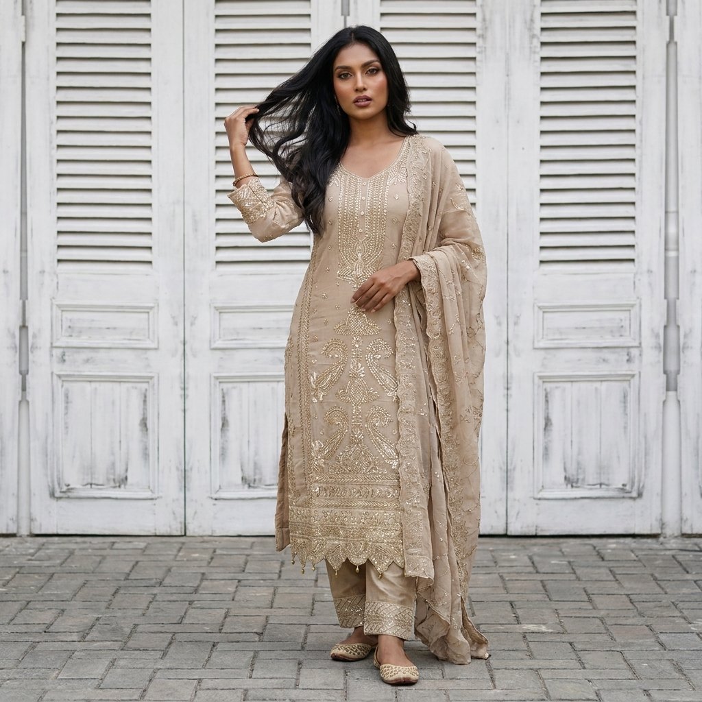 Buy Exclusive Party Wear Embroidered Skin Color Georgette Three-Piece Set